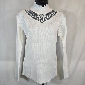 White Ribbed Turtle Neck Sweater with Mesh And Rhinestone Detail